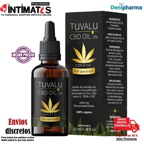 Tuvalu 10% · Aceite de cáñamo full spectrum CBD 10ml · Denipharma, que puedes adquirir en intimates.es "Tu Personal Shopper Erótico"