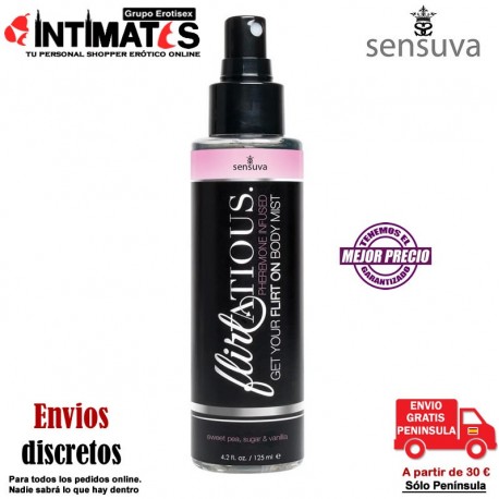 Flirtatious - Guisante dulce · Bruma corporal con feromonas · Sensuva
