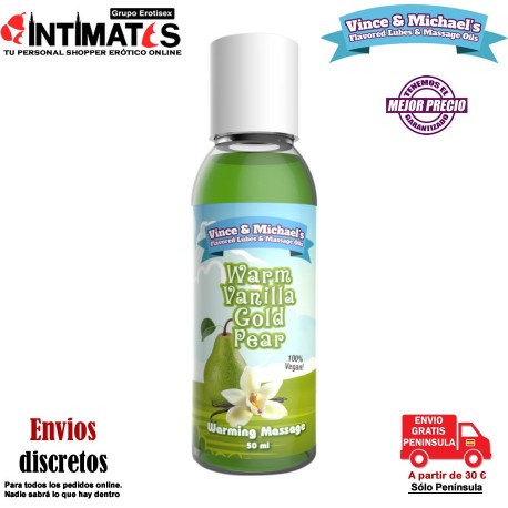 Warm Vanilla Gold Pear 50ml · Aceite de masaje efecto calor · Vince&Michael's , que puedes adquirir en intimates.es "Tu Personal Shopper Erótico"