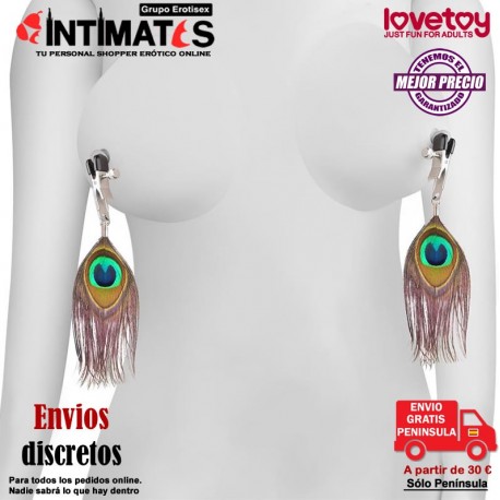 Nipple Torture · Pinzas para pezones con plumas de pavo real · Lovetoy , que puedes adquirir en intimates.es "Tu Personal Shopper Erótico"