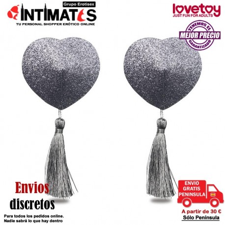 Pezoneras autoadhesivas con purpurina y borlas en forma de corazón · Lovetoy , que puedes adquirir en intimates.es "Tu Personal Shopper Erótico"