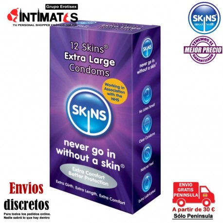 Extra grandes · 12 preservativos · Skins, que puedes adquirir en intimates.es "Tu Personal Shopper Erótico"