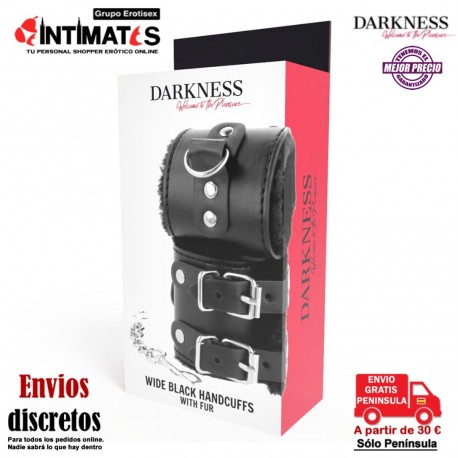 Wide Black Hand Cuffs · Esposas ajustables de cuero con forro · Darkness, que puedes adquirir en intimates.es "Tu Personal Shopper Erótico"