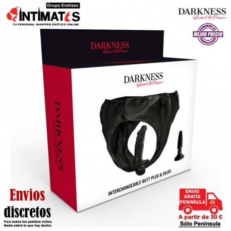 Braguitas con dildo y plug intercambiables · Darkness, que puedes adquirir en intimates.es "Tu Personal Shopper Erótico"