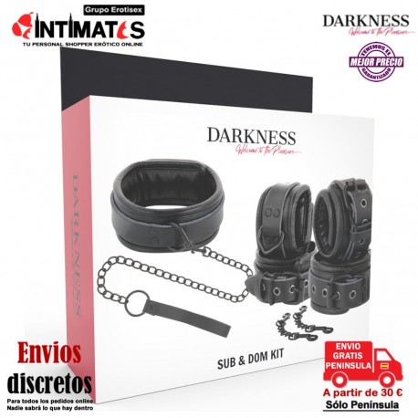 Sub & Dom Kit · Esposas y collar de cuero · Darkness, que puedes adquirir en intimates.es "Tu Personal Shopper Erótico"