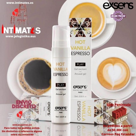 Hot Vanilla Espresso · Gel estimulante refrescante de vainilla caliente y café 15ml. · Exsens
