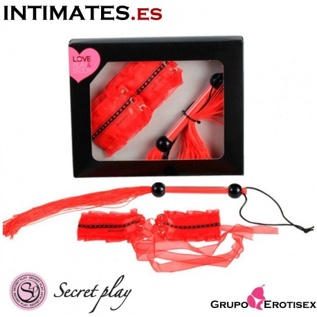 L&aacute;tigo Negro + Esposas Rojo Sat&eacute;n &middot;Set 2 Pzs &middot; Secret Play